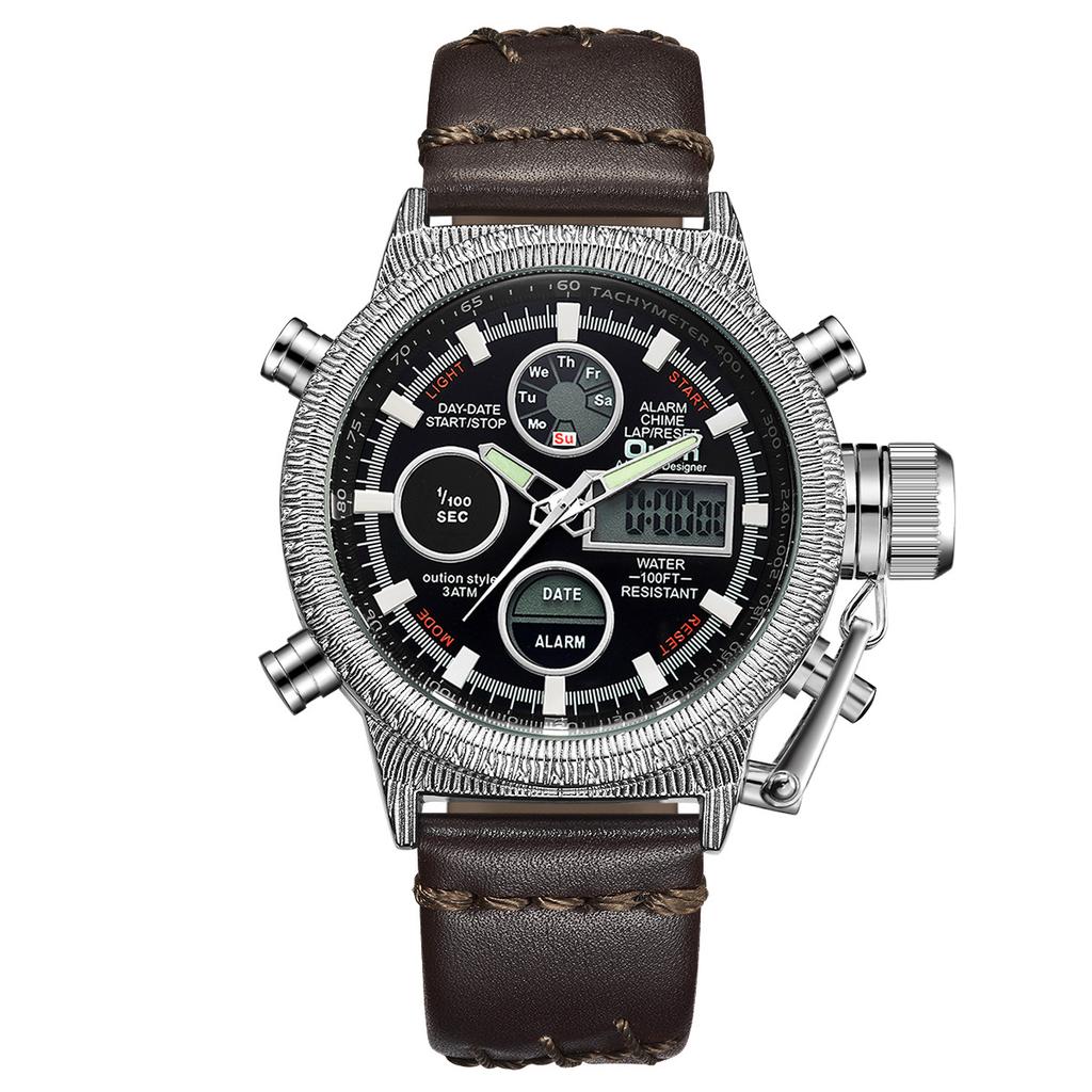 Oulm Leisure Multifunctional Electronic Men's Watch Genuine Leather Fashion Quartz Men's Watch Backlight