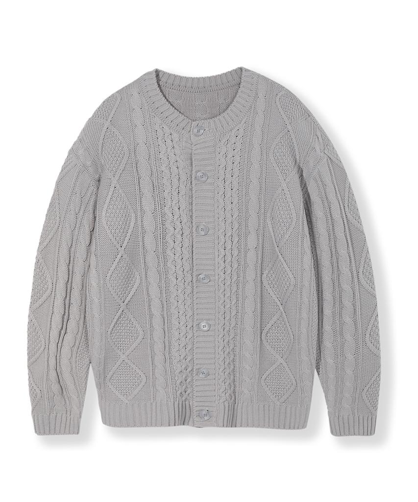 Nodu Fisherman Cable Round Neck Semi-Oversized Long Sleeve Knit Cable Knit Cardigan [Gray]
