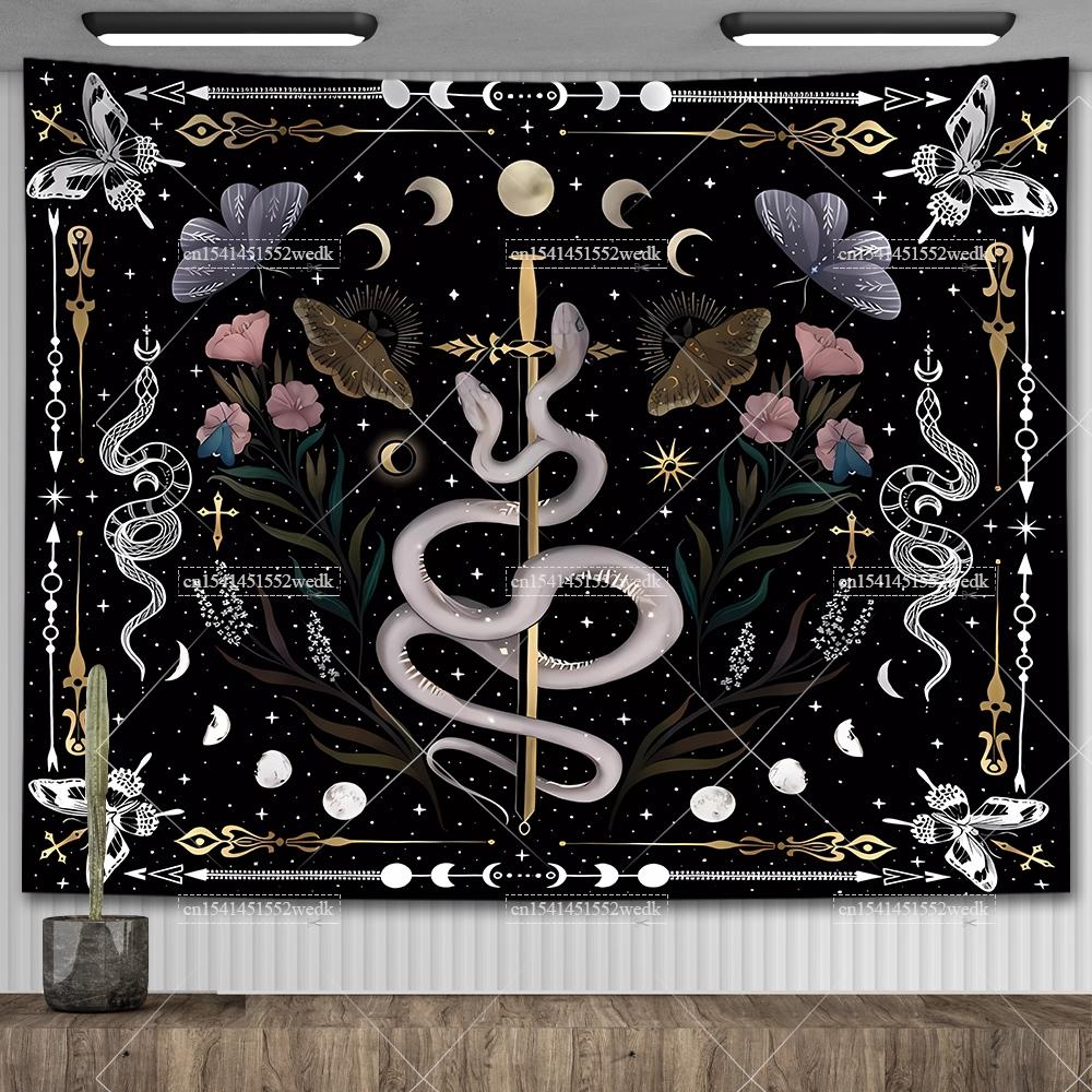 Psikedelik Bohem Duvar Halısı Oturma Odası İçin Ay Evresi ve Yıldızlar Duvar Halıları Kelebek Yılan Duvar Halıları Tarot Altar Örtüleri