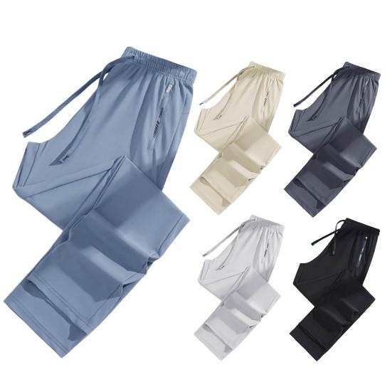 Unisex Summer Ice Silk Pants Thin Loose Straight Leg Cooling Trousers Drawstring Elastic Waist Slacks Quick-drying Solid Color Sweatpants