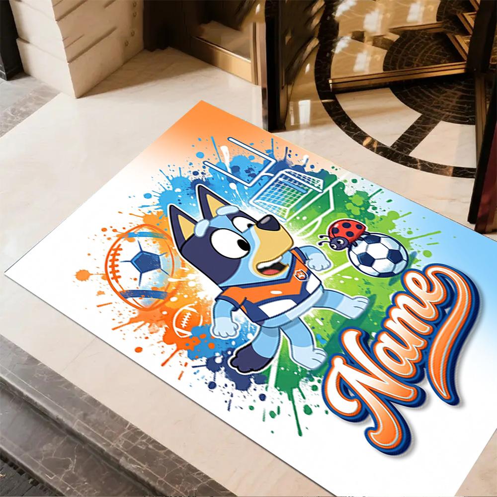 Bluey Soccer Fun Personalized Name Area Rug Design for Dining Room Balcony Dormitory Decorate Room Anti-slip Rug Anime Office Decor Best for Christmas