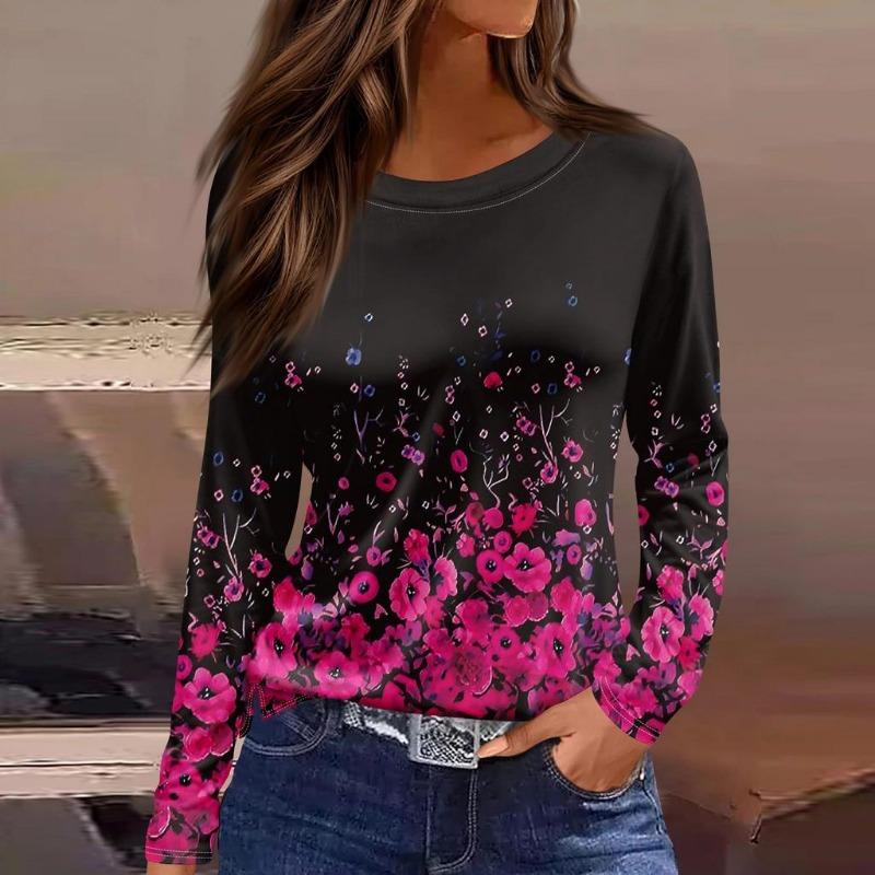 T-shirt Femme Imprimé Pétales Tombantes 3D Mode Manches Longues Col Rond Haut Régulier Vêtements de Vacances Week-end Printemps et Automne