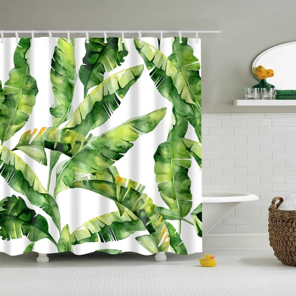 Tropischer Grünes Blatt Palme Kaktus Duschvorhang Landschaft Badezimmervorhang Wasserdichter Polyester Duschvorhang