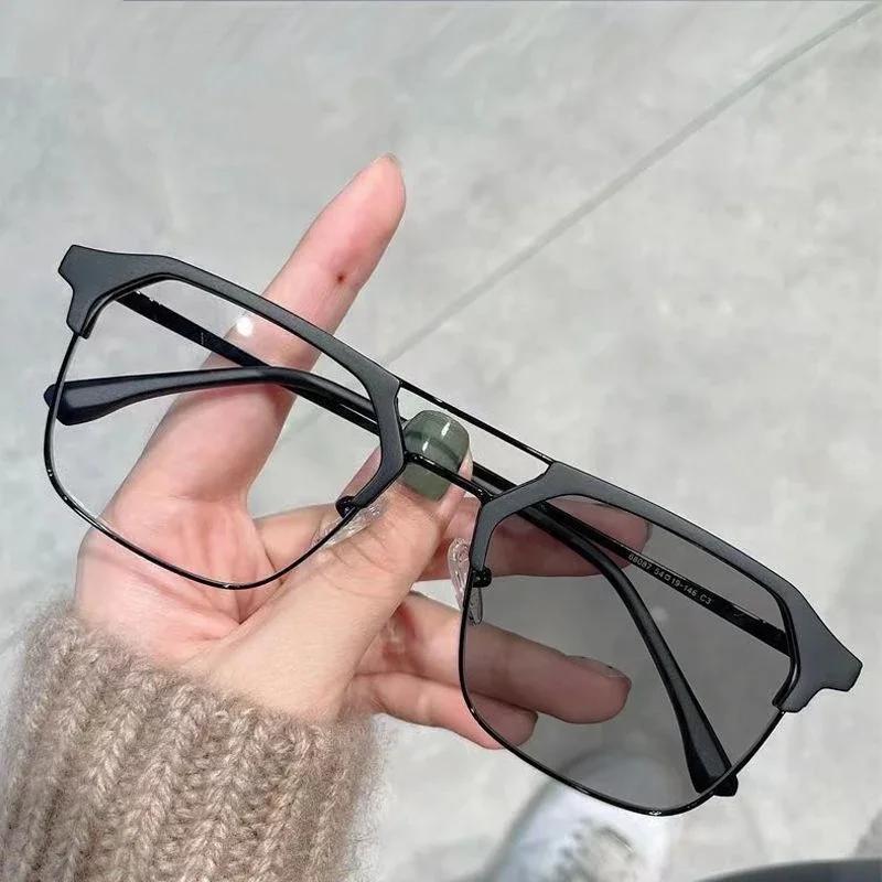 Vintage Polygonal Full Frame Photochromic Near Sight Glasses Trendy Metal Double Beam Myopia Glasses Anti Blue Light Glasses