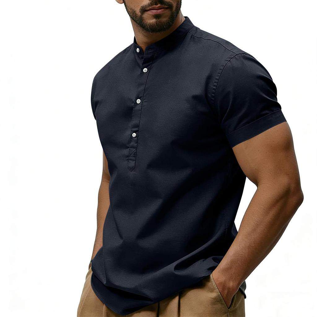 T-shirt décontracté pour homme, couleur V, col rond, manches courtes, haut décontracté en mélange coton et lin avec boutons décoratifs.
