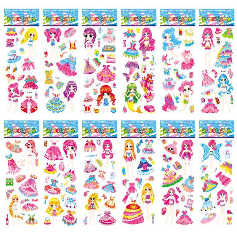 12 Sheets/Set 3D Bubble Dress Up Girls Stickers Cartoon Change Clothes DIY Kawaii Stickers Educational Toys for Kids Girl Gift
