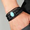 Vintage Boho Hand Geweven Leren Manchetarmbanden Magnetische Sluiting Ovalen Blauwe Steen Bedel Leren Armband voor Mannen