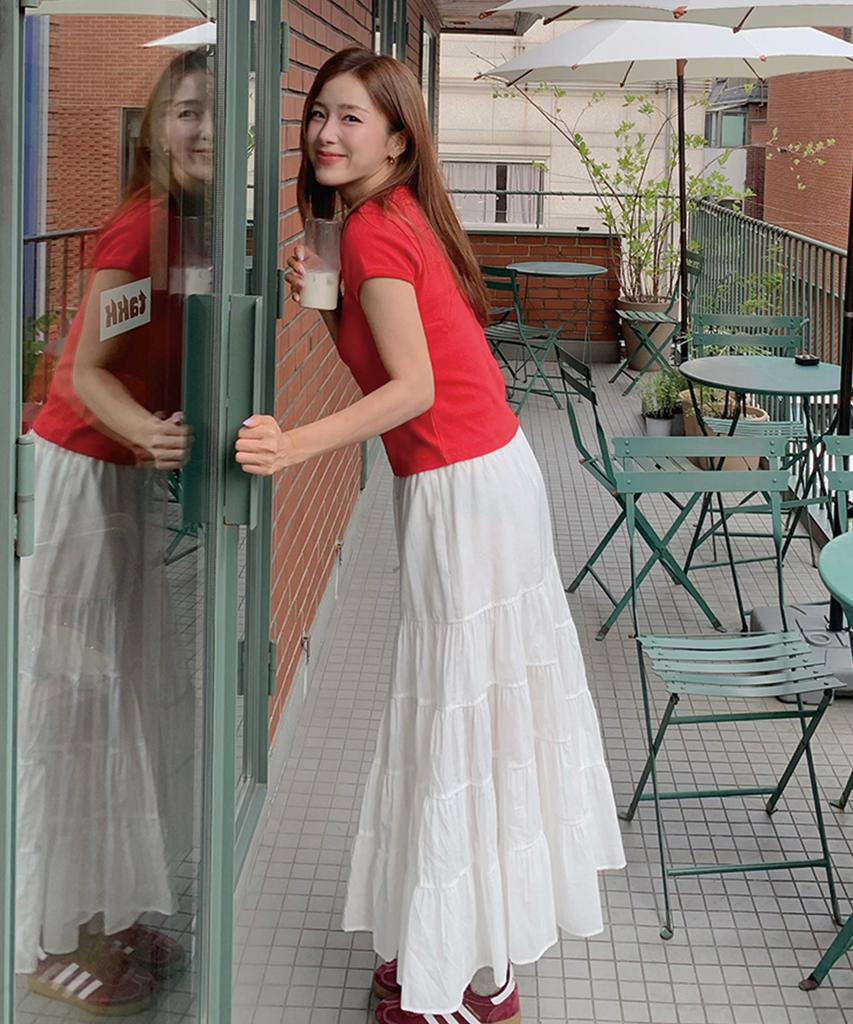 Ridge Shirred Long Tiered Skirt (Off-White)
