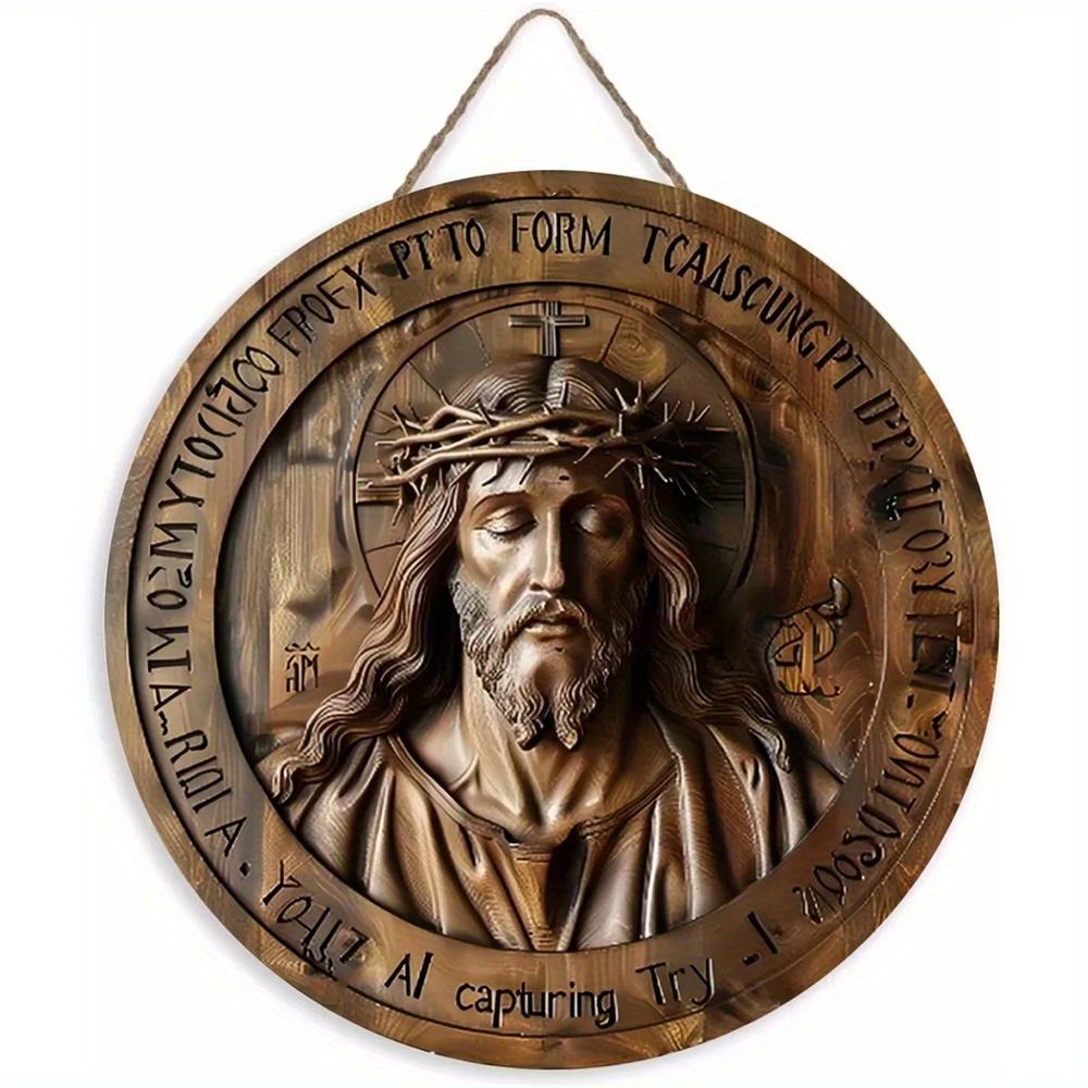 1 panneau rond en bois plat 2D vintage unique Jésus-Christ artistique - 20 cm pour maison, salon, bureau, bar, café, garage, décoration de vacances