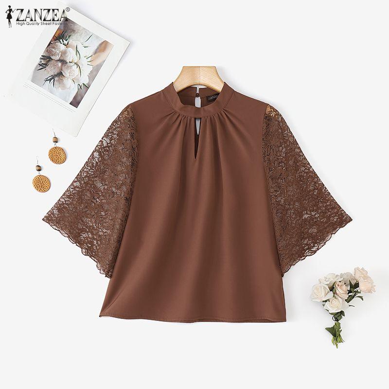 ZANZEA Women Round Neck Lace Splice Half Sleeve Blouse