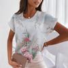 Women's 3D Floral Printed T-shirt, Round Neck Casual Short Sleeved Top, Comfortable Top, Girls' Beautiful Shirt, Women's Loose Summer Clothing
