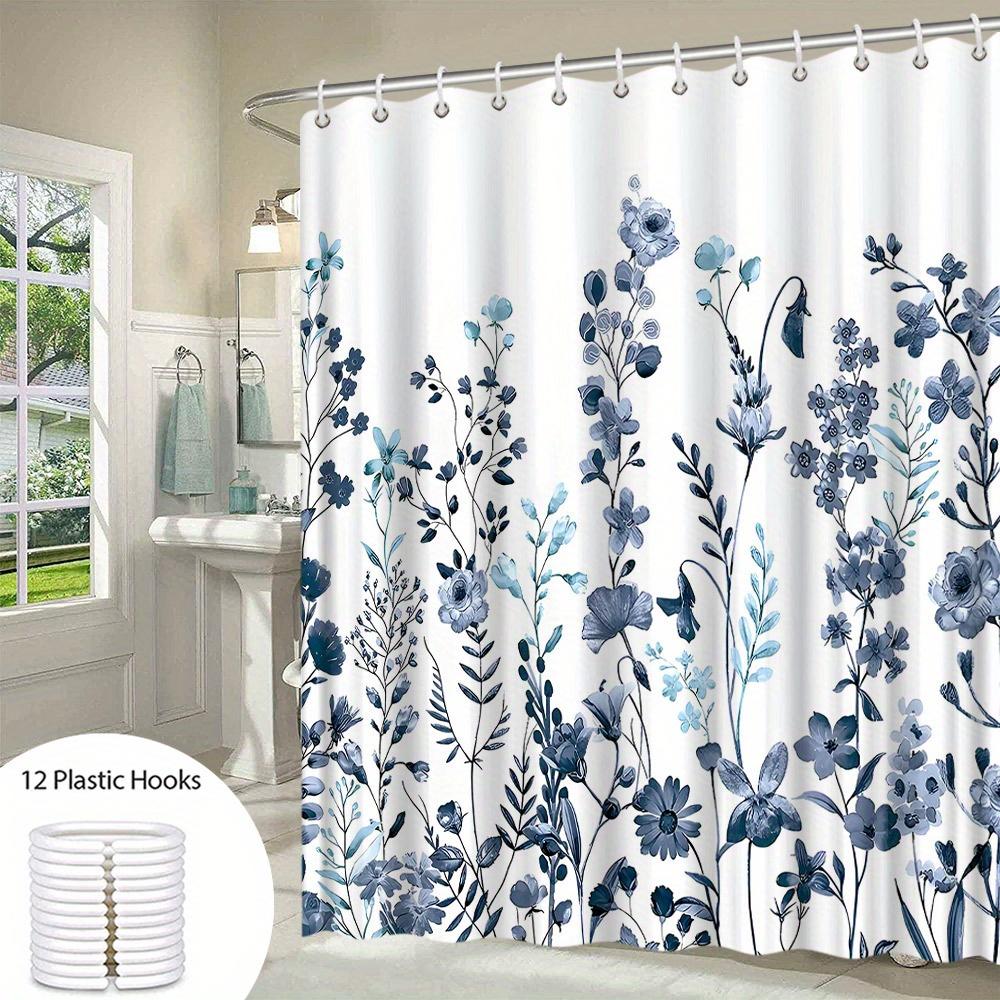 Elegant Blue Watercolor Floral Shower Curtain - Delicate Blooms Foliage Polyester Calm Natural Beauty Botanical Theme