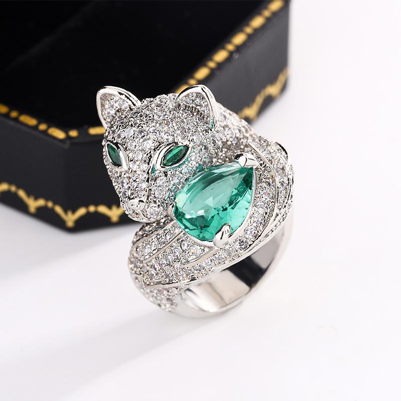 925  New Fox Full Diamond Ring Female Seiko Drop Green Moissanite Ring Party Birthday Jewelry Gift