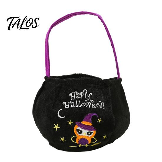 Halloween Trick or Treat Bucket, 9.8x5.9 Inch Pumpkin Witch Black Cat Plush Tote Bag, Soft Candy Basket with Handle for Halloween Party Favors