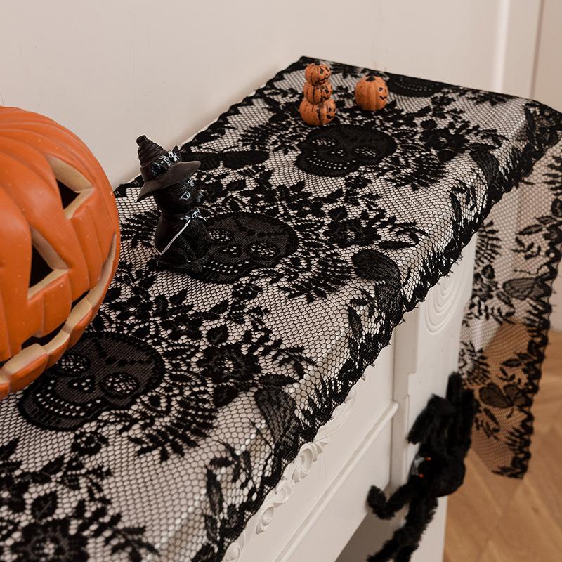 Halloween Black Lace Table Runner Halloween Table Decoration Skull Soft Table Runner Holiday Party Decoration Table Flag