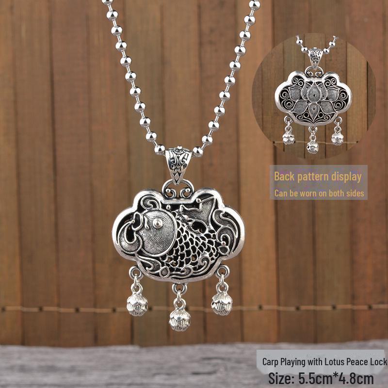 Retro Silber Frieden Schloss Anhänger Halskette - Vierseitiger Reichtum Damen Lange Pulloverkette im Nationalstil