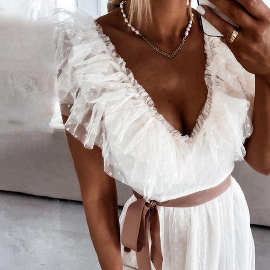 Formal Dress V Neck Pleated Women Short Sleeve Belt Large Hem Dress for Banquet