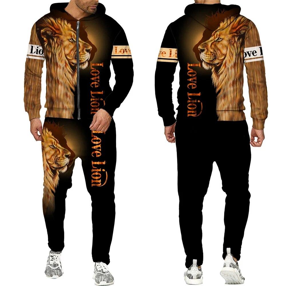 Cooler 3D-Druck mit brüllendem Löwen, Reißverschluss, Kapuzenpullover, Hosenanzüge, modischer Herren-Sweatshirt-Trainingsanzug mit langen Ärmeln
