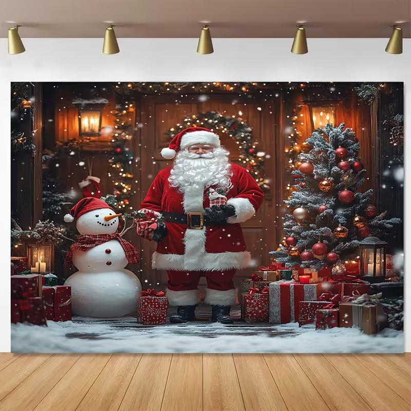 2D Christmas Santa & Snowman Backdrop Xmas Tree Gift Photography Background