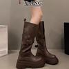 Cowhide version thick-soled heightening small brown boots women's knee knight boots high boots western cowboy boots