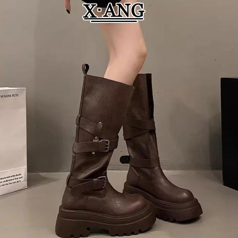 Cowhide version thick-soled heightening small brown boots women's knee knight boots high boots western cowboy boots