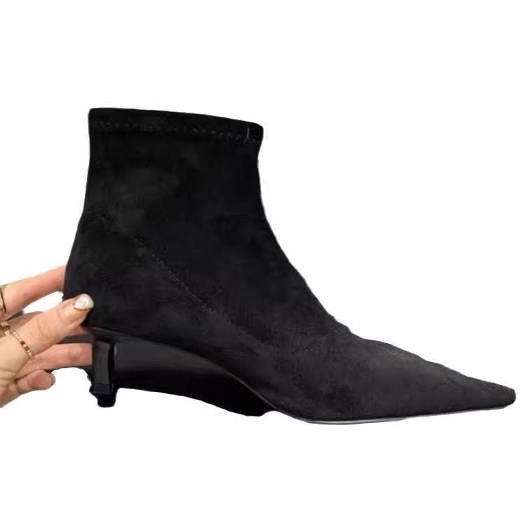 Single boots Skinny boots Women's black wind soft soles Simple boots Women's short boots Casual pointed elastic small suede stiletto