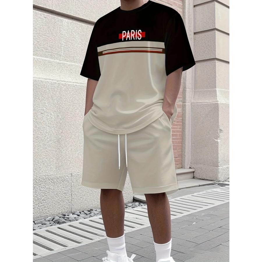 Conjunto de Camiseta de Color Sólido y Pantalones Cortos de Verano Top de Manga Corta con Estampado de Letras y Pantalones Cortos con Cordón Streetwear Moda para Hombre Ropa Deportiva