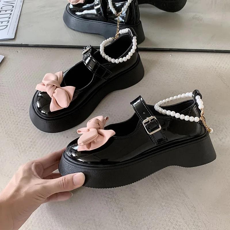 Damskie buty bankietowe z kokardą, na grubej podeszwie, wiosenno-jesienne, modne, nowe, z okrągłym noskiem, jednokolorowe, casualowe buty Mary Jane