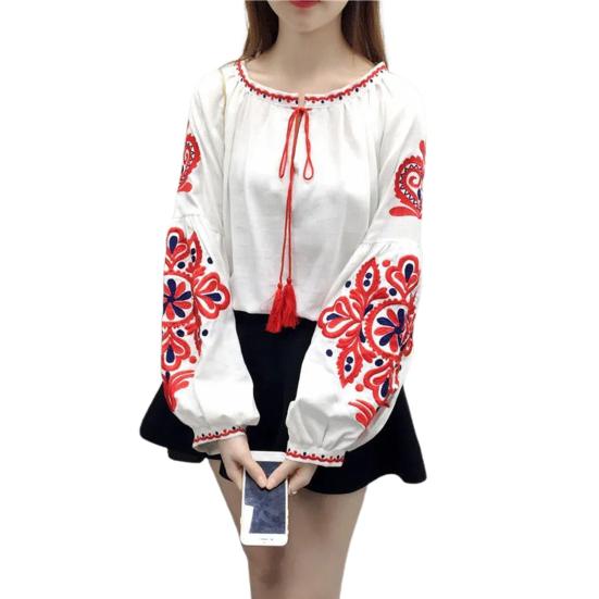 Summer Shirt Women Ethnic Style Embroidered Pattern Pullover Tops Round Neck Lantern Sleeve Loose Fit Blouse