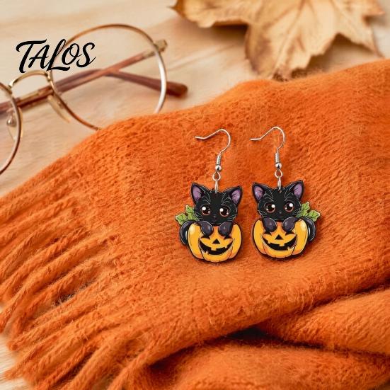 Cartoon Cat Pumpkin Earrings Halloween Black Dangle Earrings, Cute Animal Drop Jewelry Festive Accessories for Women Girls, Novelty Holiday Gift Party
