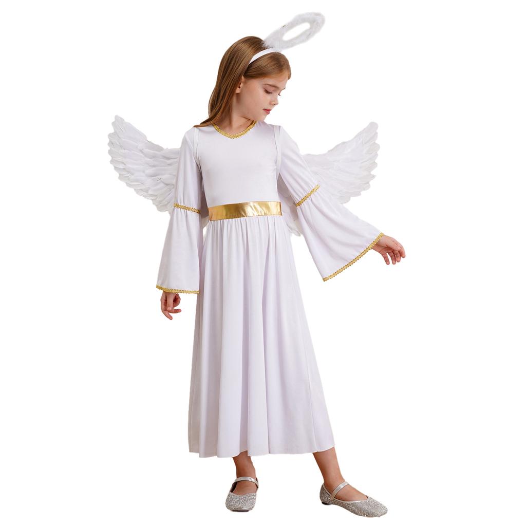3Pcs Girls Angel Costume Angel Dress Long Sleeve Gold Trim Patchwork Gown Dress with Feather Hairband and Angel Wings for Dress Up Performance