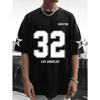 Camiseta Hombre Los Ángeles Bajo la Letra Clásica 32 Estampado Cuello Red Holgada Manga Corta Transpirable Calle Harajuku