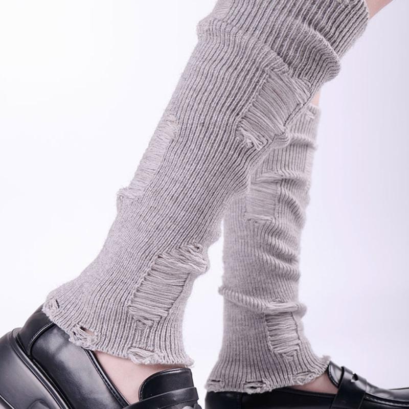 Ribbed Knitted Leg Warmers Y2K Harajuku Hollow Distressed Ripped Solid Color Leg Covers Stretchy Long Socks for Women