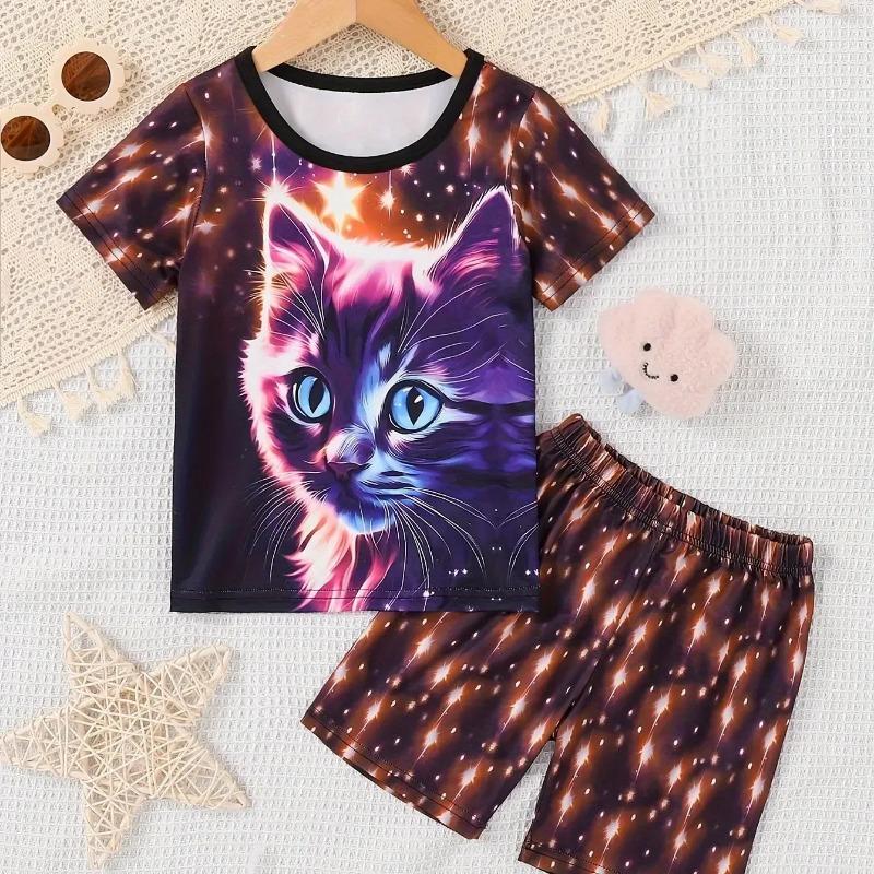 2 Pcs Girl's Glow-in-the-dark Effect Cat Pattern Short T-Shirts & Shorts Pajama Set,