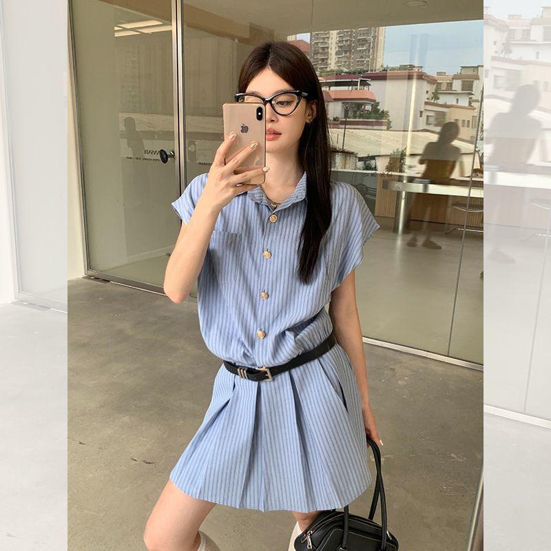 Blue striped shirt dress women's summer new small college style waist pleated skirt