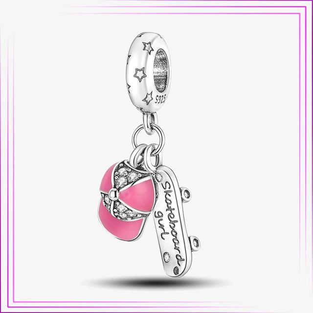 Ciondolo Cuore Fiore Argento Sterling 925 Rosa Fenicottero Palloncino Perline Gatto Car in Argento di Legge Per Nuovo Bracciale