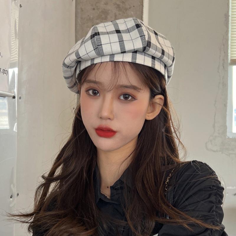 Thin Plaid Beret Girls College Style Show Face Small Hat Big Hat Top Pumpkin Hat Niche Painter Hat