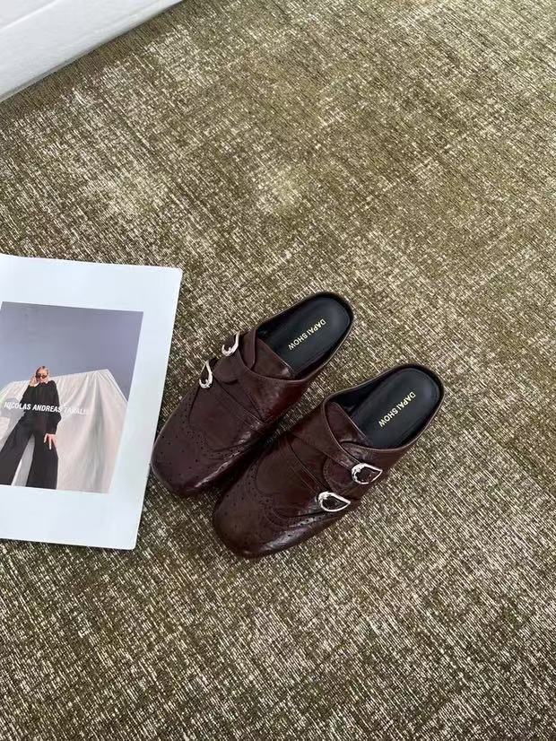 [Excluding Tax] Platform Half Slippers Retro Carved Square Head Loafers Women'S Shoes New British Style Bag Head Slippers