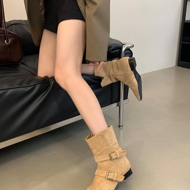 2024 new autumn Korean version suede belt buckle short boots thick heel mid heel boots brown western cowboy boots