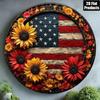 American Flag Sunflower Round Metal Wall Art 8x8 Inch Patriotic Aluminum Sign For Home Kitchen Bar Office Decor