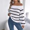 Women's Oversized Sweatshirt for Autumn/Winter Casual Striped Off-the-Shoulder Bell-Sleeve Pullover Women's Long-Sleeved Knitted Jumper