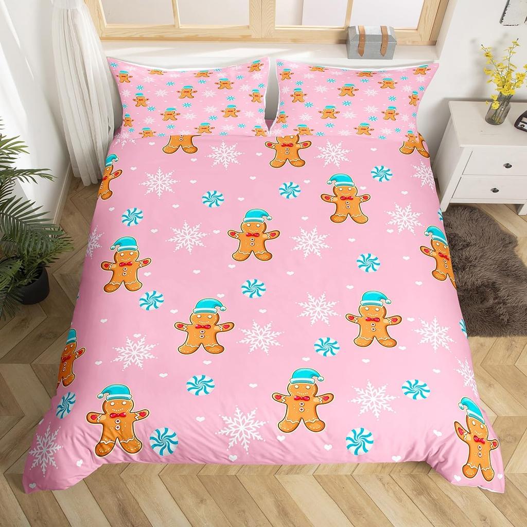 Gingerbread Man Xmas Theme Duvet Cover Christmas Comforter Cover Cartoon Snowman Christmas Tree Bedding Set Pink Quilt Cover