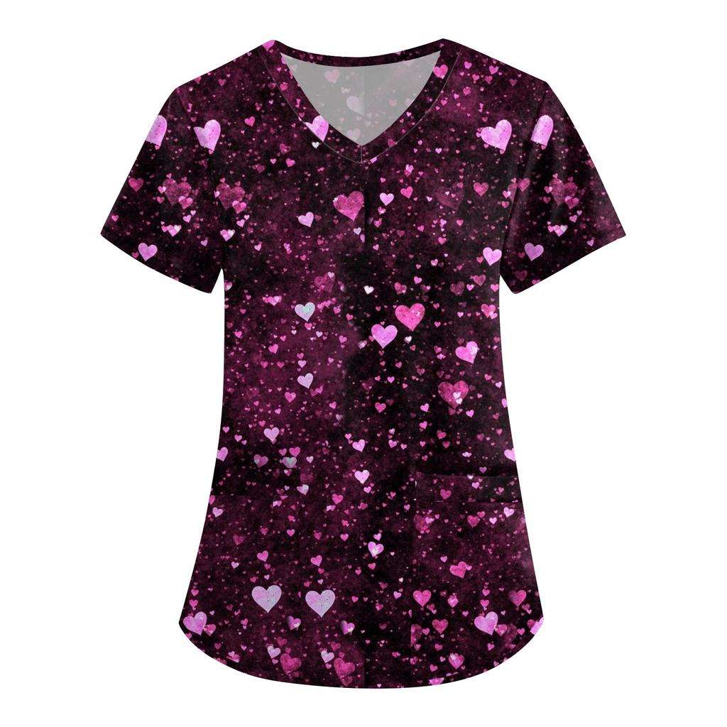 Dames Leuke Bedrukte Werkkleding V-hals Dubbellaags Zakken Basic Korte Mouw Top Pullover Valentijns