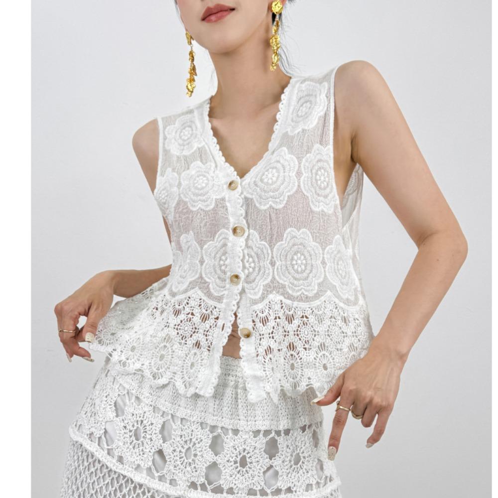 DIMANAF 2025 Neues Kurzarm-T-Shirt für Damen, ärmellos, mit Knöpfen, Strickspitze, V-Ausschnitt, Sommer-Basic-Tops, lockere Passform