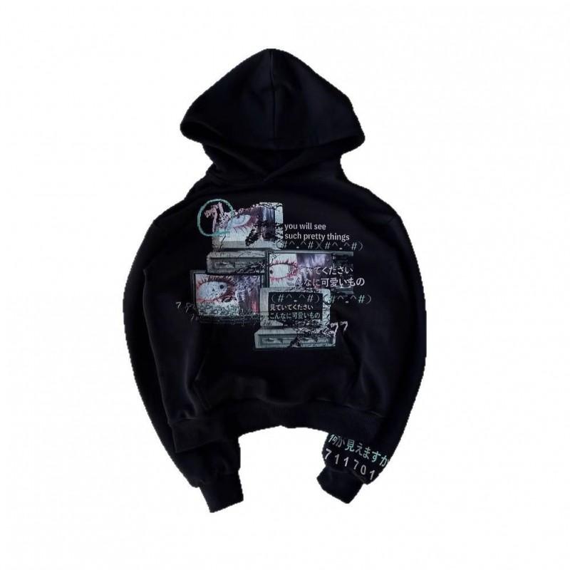 Dark Gothic Print Hooded Sweatshirt Women Long Sleeve Oversized Streetwear Y2K Trendy Pullover