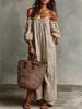 2026 Spring and Autumn New European and American Stripe Printed Off-Shoulder Lantern Sleeve Dress Holiday Style Loose Beach Dress