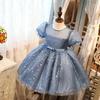 Child Performance Clothing Blue Puff Sleeve Star Sequins Princess Dress Year Birthday Party Baby Girl Kids Bow Fluffy Ball Gown