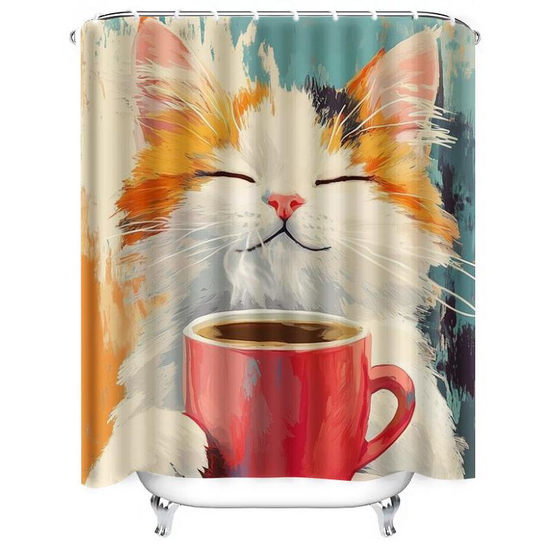 Süße Katze mit Kaffeetasse Design Wasserdichter Duschvorhang Hitzebeständig Maschinenwaschbar Nicht Transparent 180x180cm