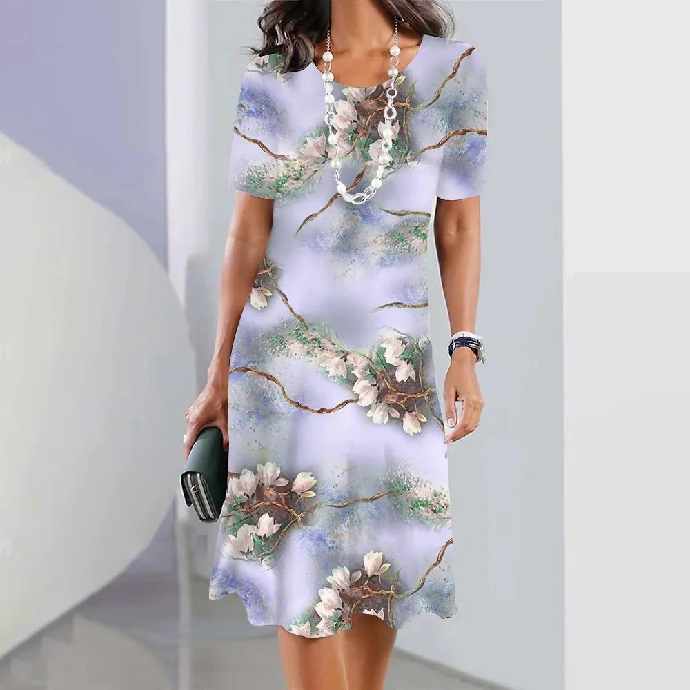 2025 Sommarlov krossat blomtryck klänning elegant kortärmad O-hals kläder streetwear lös klänning