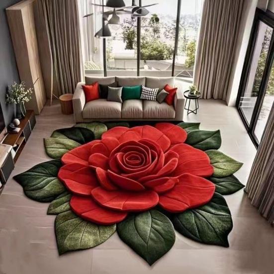 Floral Plush Floor Mat 3D Optical Illusion Flower Rug Non-Slip Water-Absorbent Bath Mat for Living Room Bathroom Kitchen